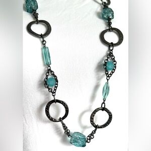 NWOT lia sophia “Waterloo” necklace 36-39” aqua resin w/ hematite tone chain